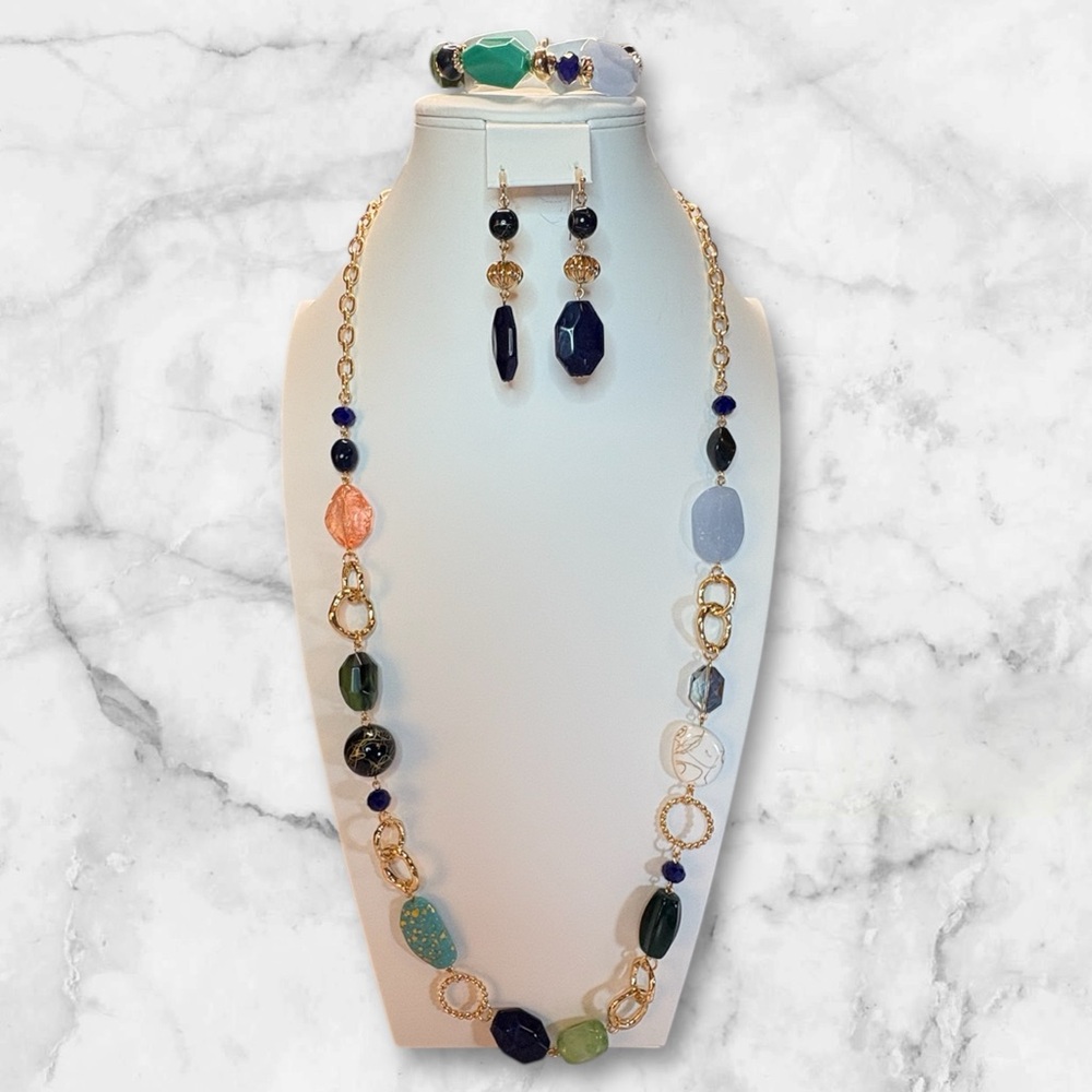 NWT Blue Modern Mosaic 3-Piece Jewelry Set – Necklace, Bracelet & Earrings